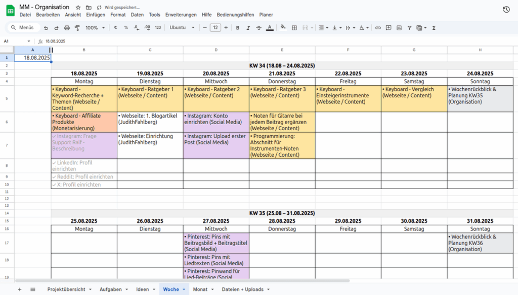 Wochenansicht einer Projektplanung in Google Sheets mit farblich sortierten Aufgaben