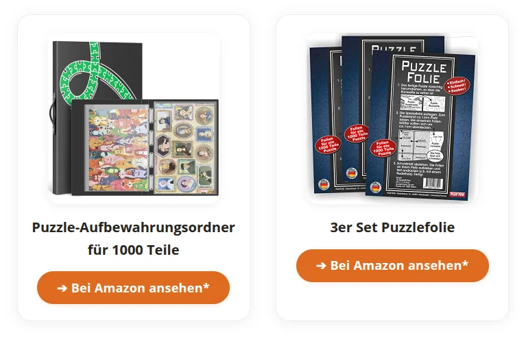 Zwei Affiliate-Produktboxen mit Puzzle-Aufbewahrungsordner und Puzzelfolie als Beispiel für Amazon Affiliate-Integration
