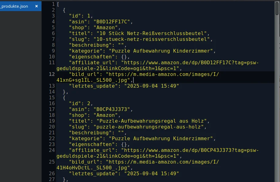 Screenshot einer JSON-Datei mit Amazon-ASINs, Titeln, Affiliate-Links und Bild-URLs für ein WordPress Affiliate Plugin
