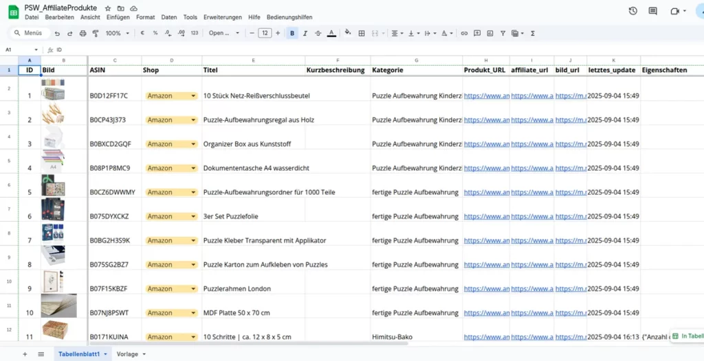 Screenshot eines Google Sheets mit Amazon-ASINs, Titeln, Beschreibungen und Affiliate-Links für ein WordPress Affiliate Plugin