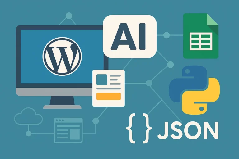 Illustration: WordPress, KI, Google Sheets, JSON und Python vernetzt