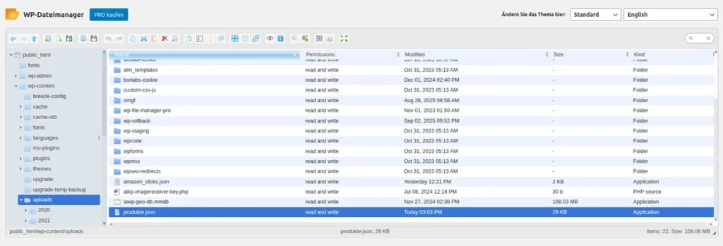 Screenshot des WordPress Dateimanagers mit hochgeladener JSON-Datei im Uploads-Ordner